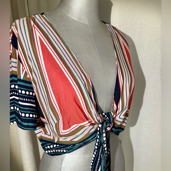 Lulus Geo Grande Navy Blue Print Cropped Tie-Front Top Festival Boho Size XL - Picture 3 of 12